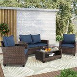 4-Piece Outdoor Patio Furniture Sets Wicker Sofa with Cushions and Coffee Table