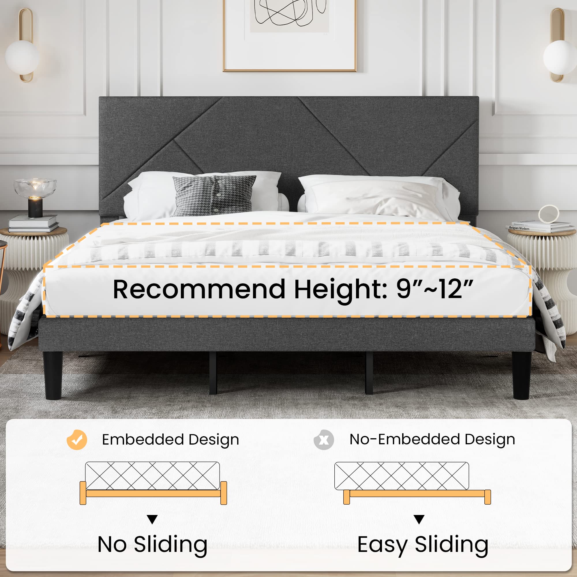 King Size Upholstered Bed Frame with Geometric Headboard, Heavy-Duty Platform Bed