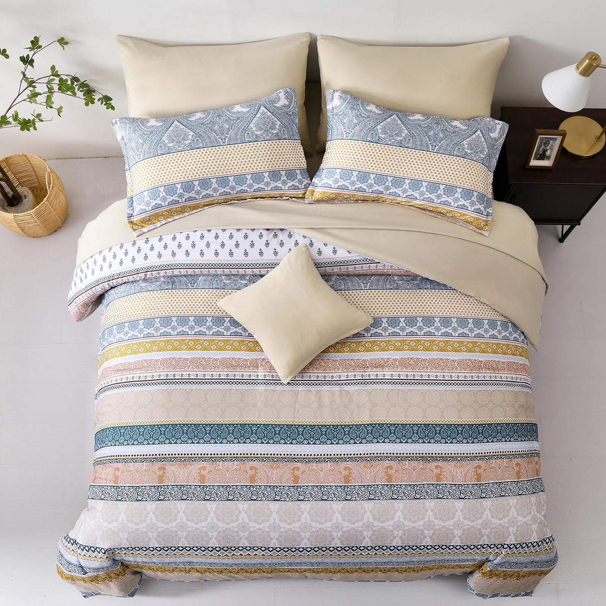 Boho Comforter Set Full Size 8 Piece Bed in a Bag Bohemian Striped Bedding Quilt Set Aqua Paisley