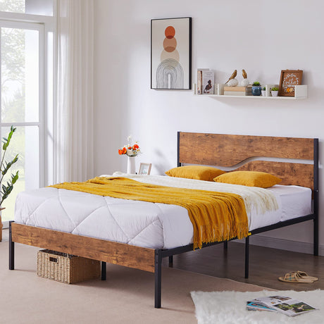 Full Size Platform Bed Frame with Rustic Vintage Wood Headboard