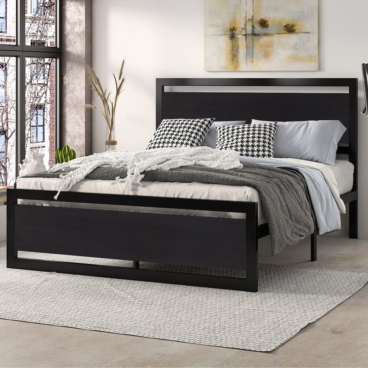 Bed Frame with Modern Wooden Headboard/Heavy Duty Platform Metal Bed Frame