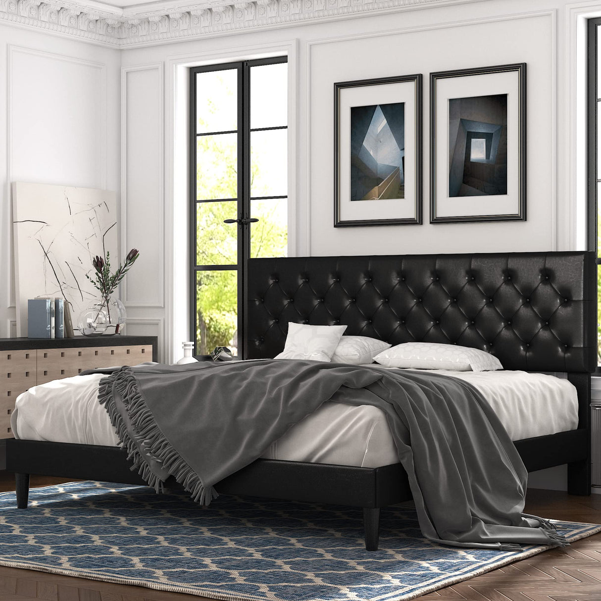 King Bed Frame with Adjustable Diamond Stitched Button Tufted Headboard