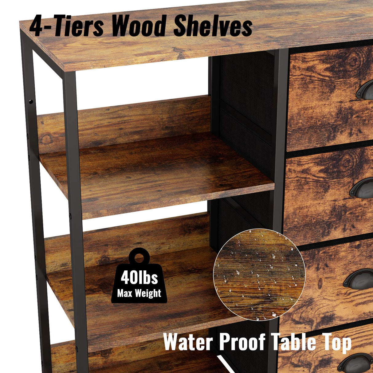 Fabric Dresser with 4 Drawers and Side Shelf,Industrial Lightweight Storage Unit Organizer