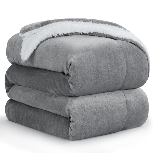 Warm Throw Blanket King - Thick Sherpa Flannel Reversible Blanket Grey for King Size