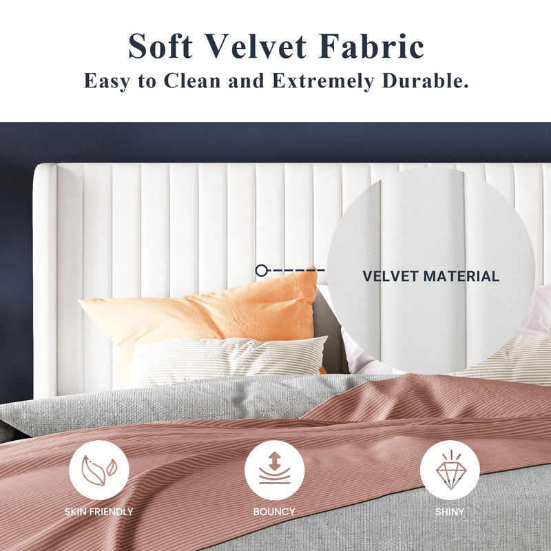 Full Size Velvet Bed Frame/Vertical Channel Tufted Wingback Headboard/Upholstered Platform Bed