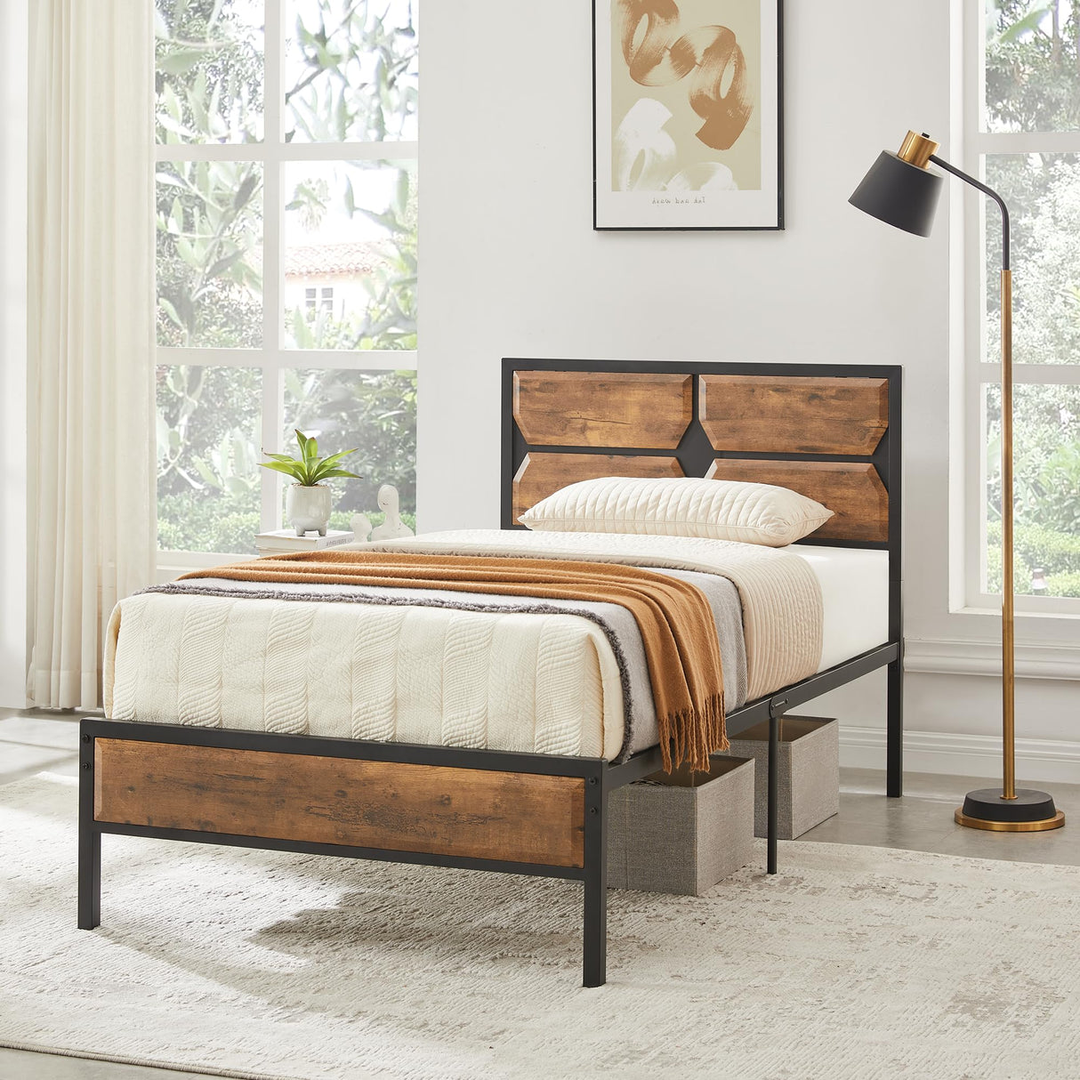 Twin Bed Frame Heavy Duty Metal Platform with Wooden Headboard Footboard Mattress