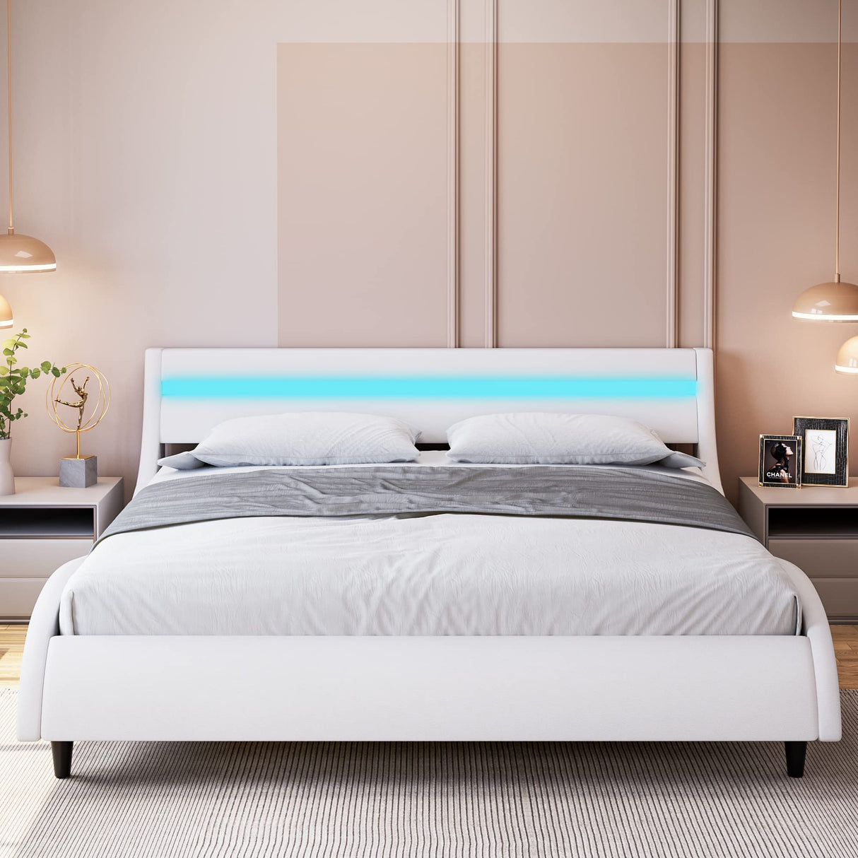 Modern Upholstered Platform Bed Frame with LED Lights and Curved Headboard, Faux Leather