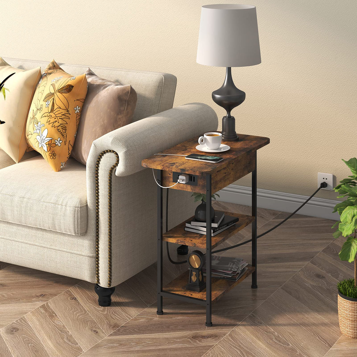 Flip Top Side Table with USB Ports and Outlets