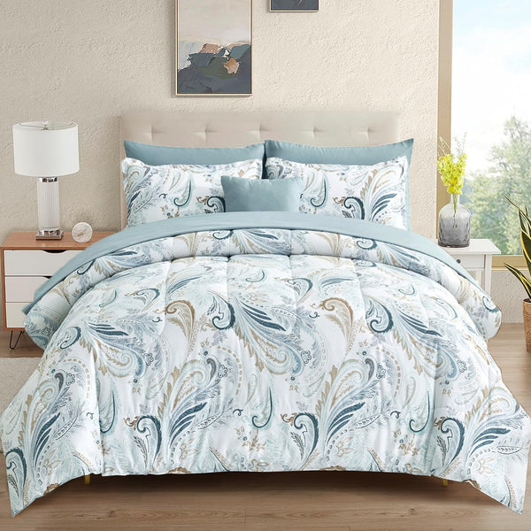 8 Pieces Bed in a Bag Blue Paisley Floral Comforter Set
