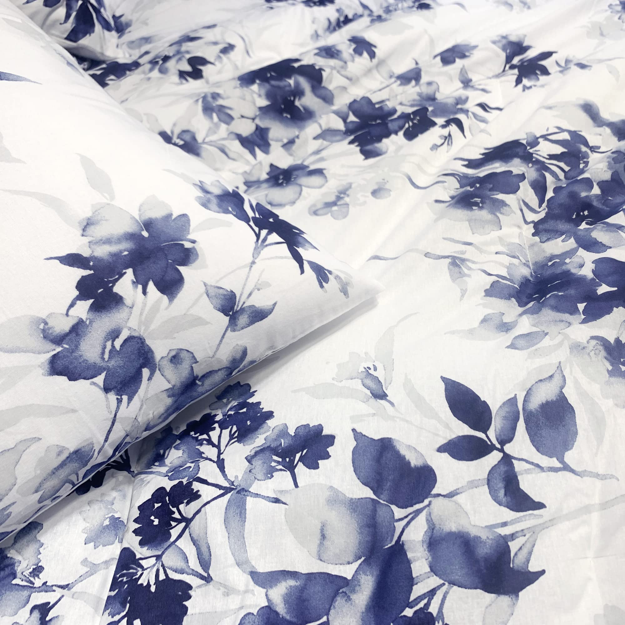 Cotton Comforter Set Queen Size, 5 Pieces Navy Blue and White Queen Floral Comforter