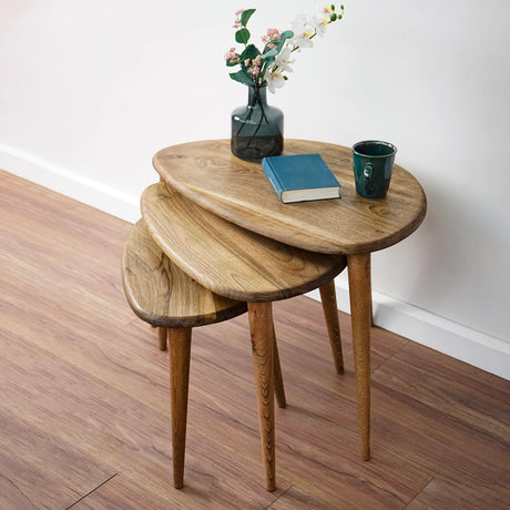 Solid Nesting Table Set of 3- Walnut Mid Century Pebble Tables