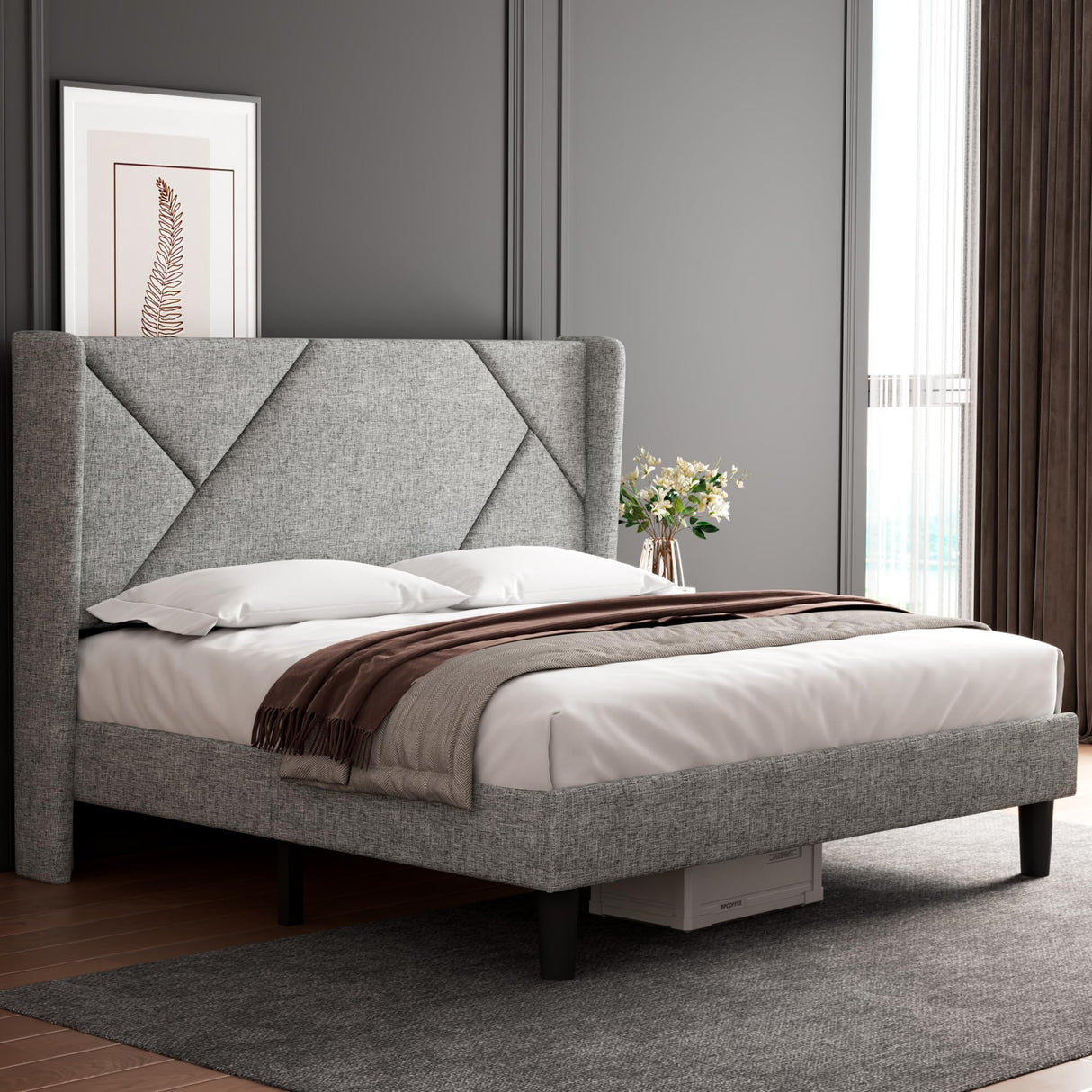 Queen Size Platform Bed Frame with Headboard, Upholstered Bed Frame with Solid Wood