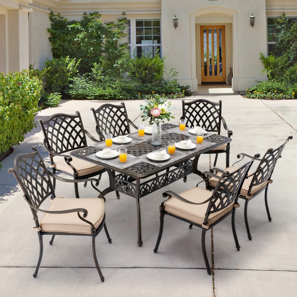 7-Piece Cast Aluminum Outdoor Table and Chairs, Antique Bronze Dining Sets