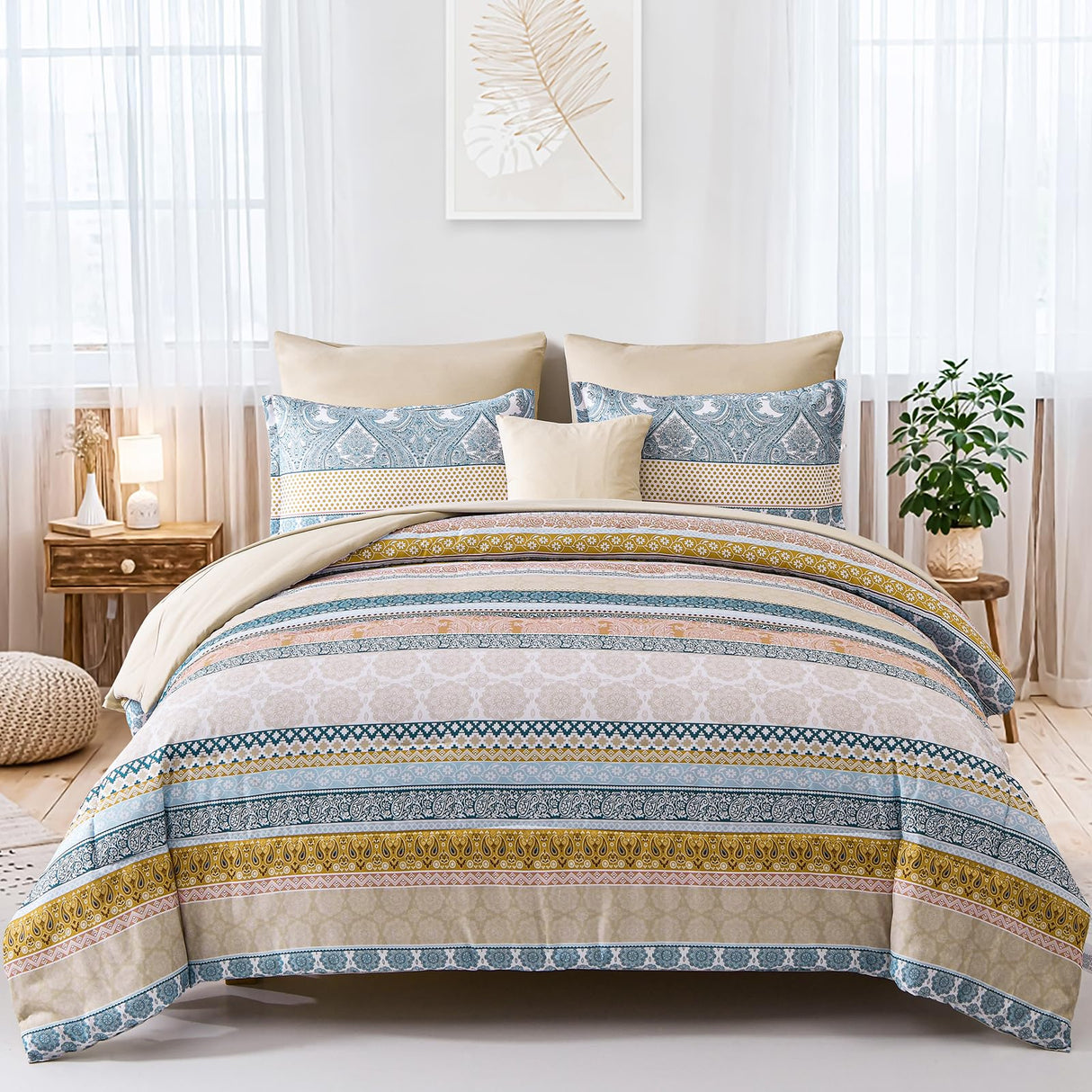 Boho Comforter Set Full Size 8 Piece Bed in a Bag Bohemian Striped Bedding Quilt Set Aqua Paisley