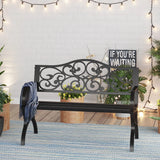 50-Inch Cast Iron Steel Frame Garden Bench Outdoor Chair w/Floral