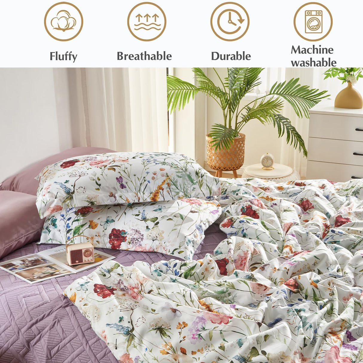 Floral Comforter Set, Twin Size Comforter Set with Flowers Leaves Pattern On White