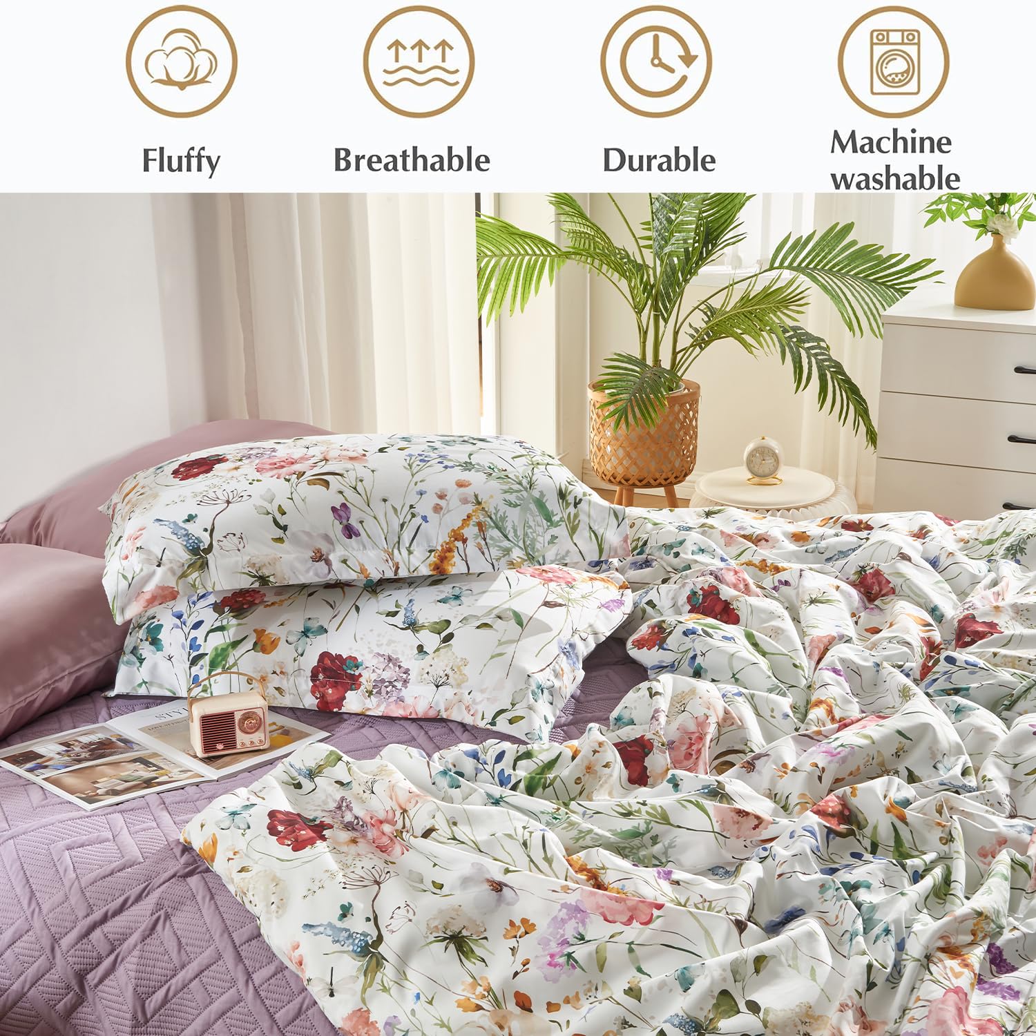 Floral Comforter Set, Twin Size Comforter Set with Flowers Leaves Pattern On White