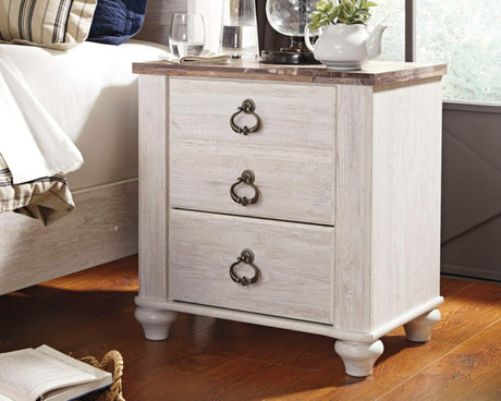 Willowton Farmhouse 2 Drawer Nightstand with USB Charging Ports, Whitewash