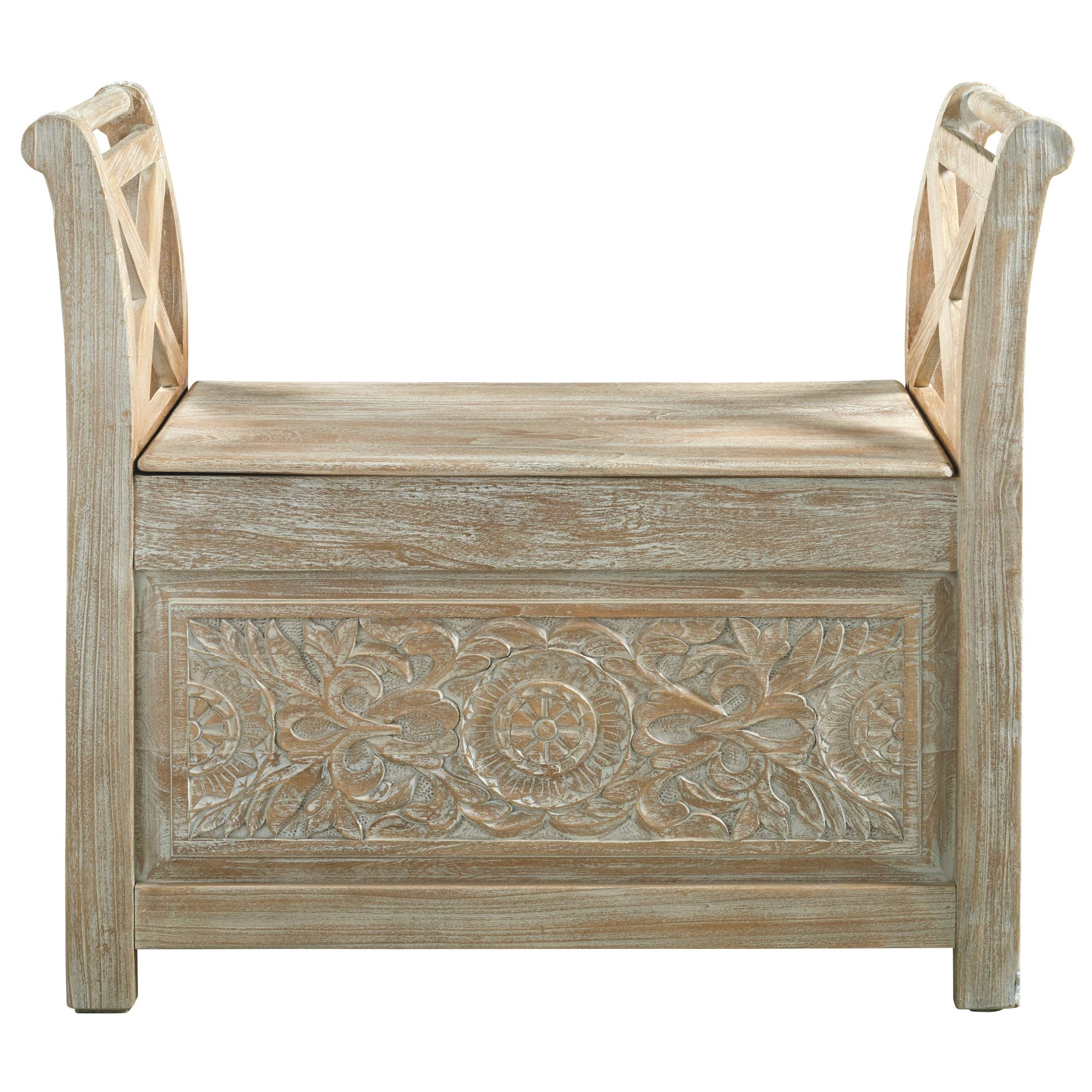 Fossil Ridge Boho Storage Accent Bench, Vintage White