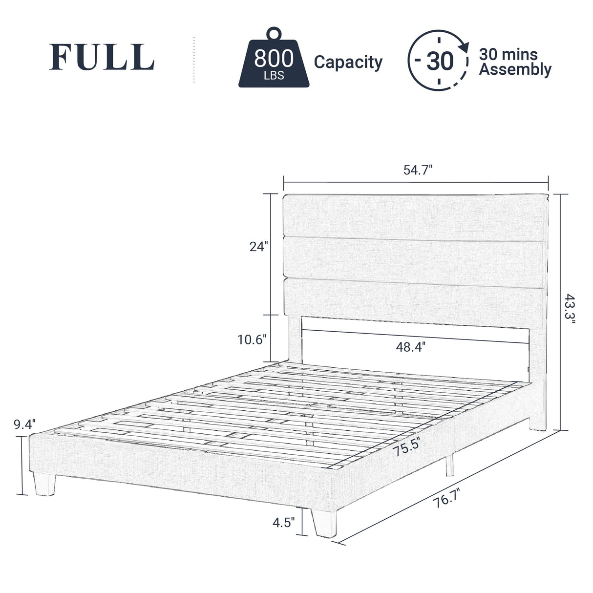 Full Size Platform Bed Frame with Velvet Upholstered Headboard