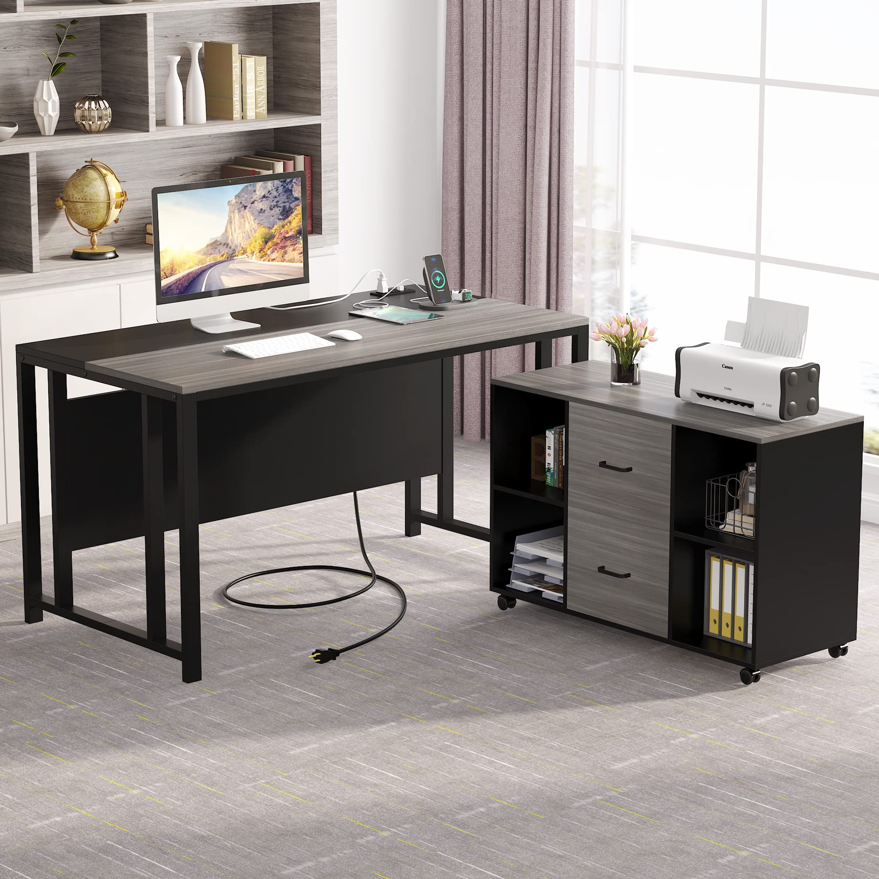 L-Shaped Computer Desk with Power Outlet