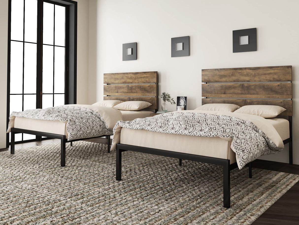 Twin Size Platform Bed Frame with Wooden headboard and Metal Slats/Rustic Country