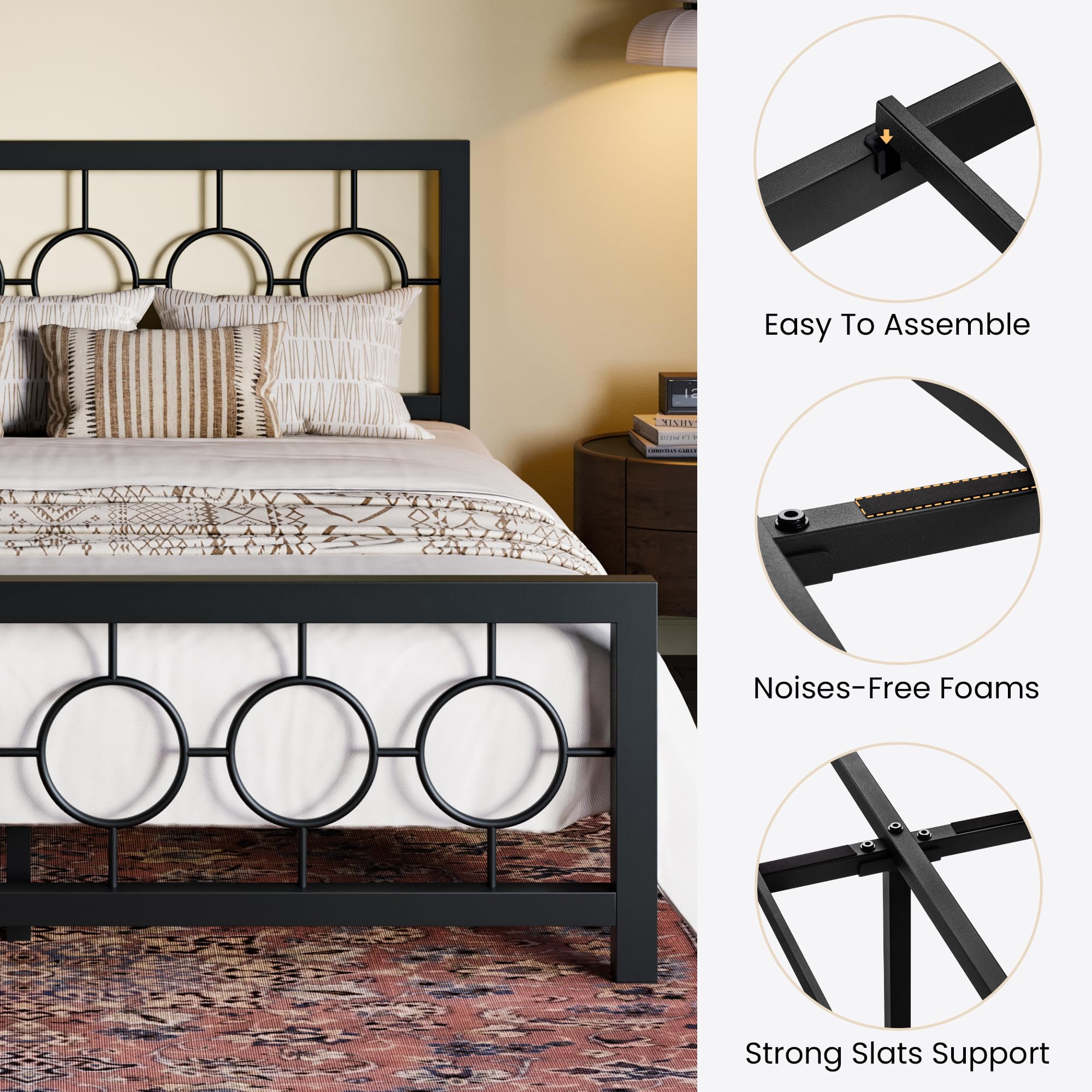 King Size Metal Bed Frame with Vintage Circular Design Headboard and Footboard