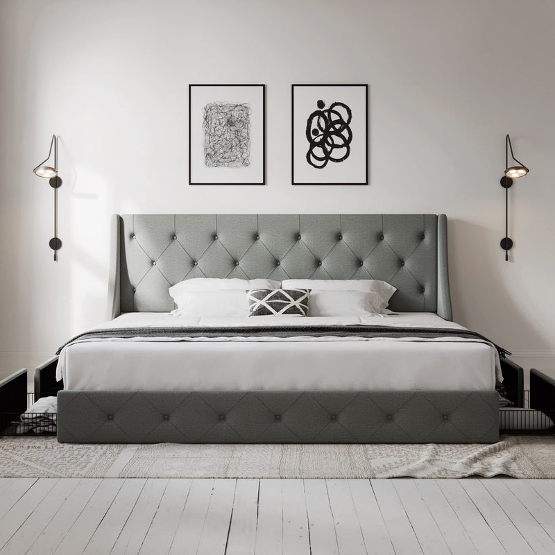 King Size Bed Frame with 4 Storage Drawers and Wingback Headboard, Button Tufted Design