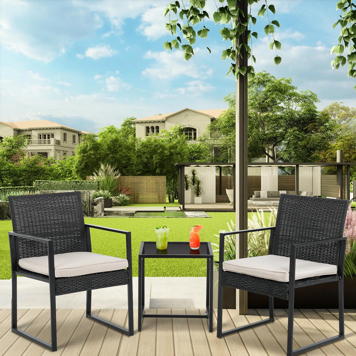 3-Piece Rattan Wicker Bistro Set Outdoor Conversation Set Sturdy Frame Wicker