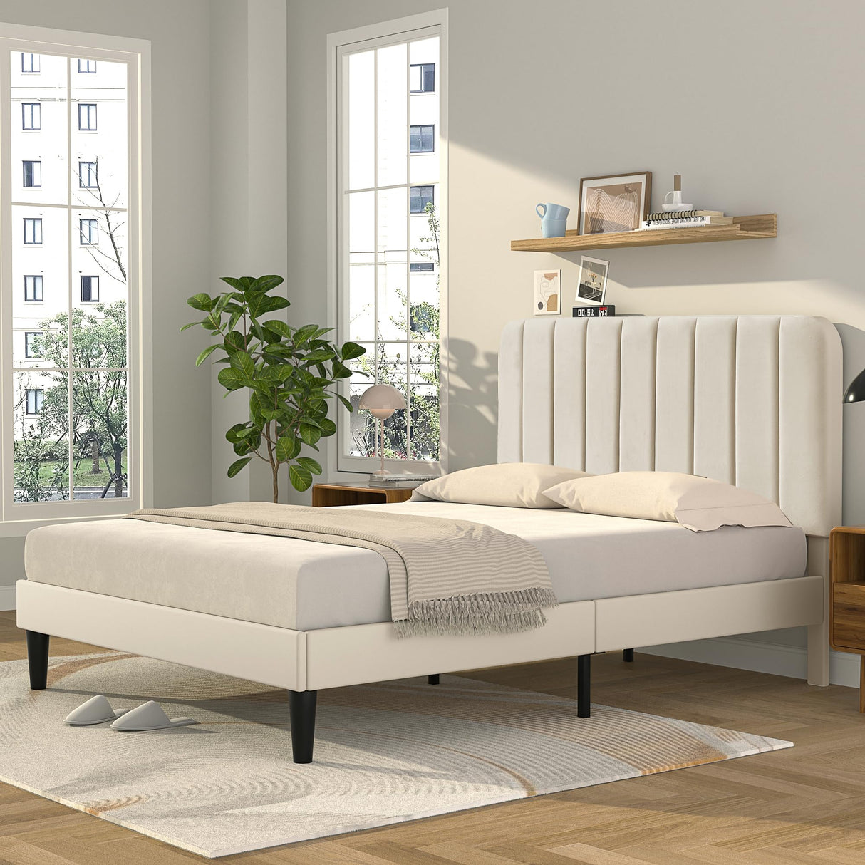 Queen Size Upholstered Bed Frame with Adjustable Headboard, Velvet Platform Bedframe