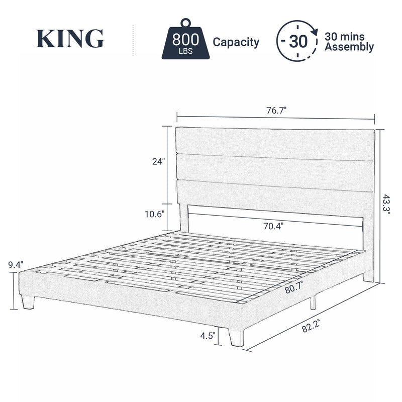 King Size Platform Bed Frame with Fabric Upholstered Headboard and Wooden Slats
