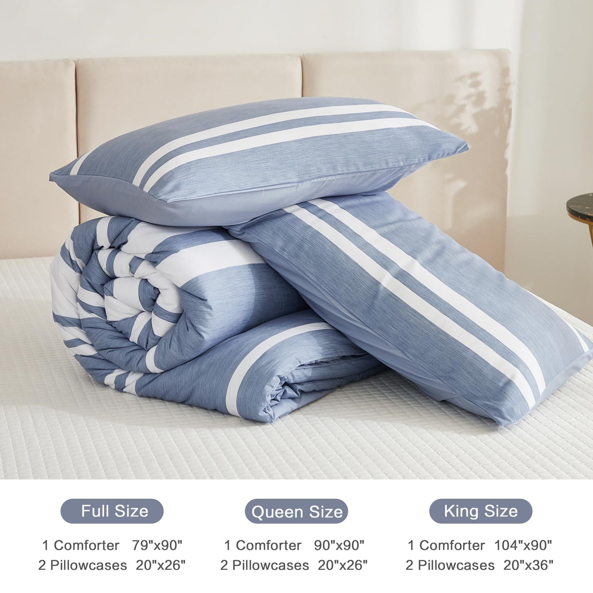 3 Pieces Striped Summer Bedding Sets, Reversible Soft Lightweight