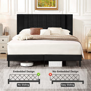 King Size Platform Bed Frame with Velvet Upholstered Headboard and Wooden