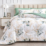 Bed in a Bag Queen, Green Leaves Printed on White Botanical Design