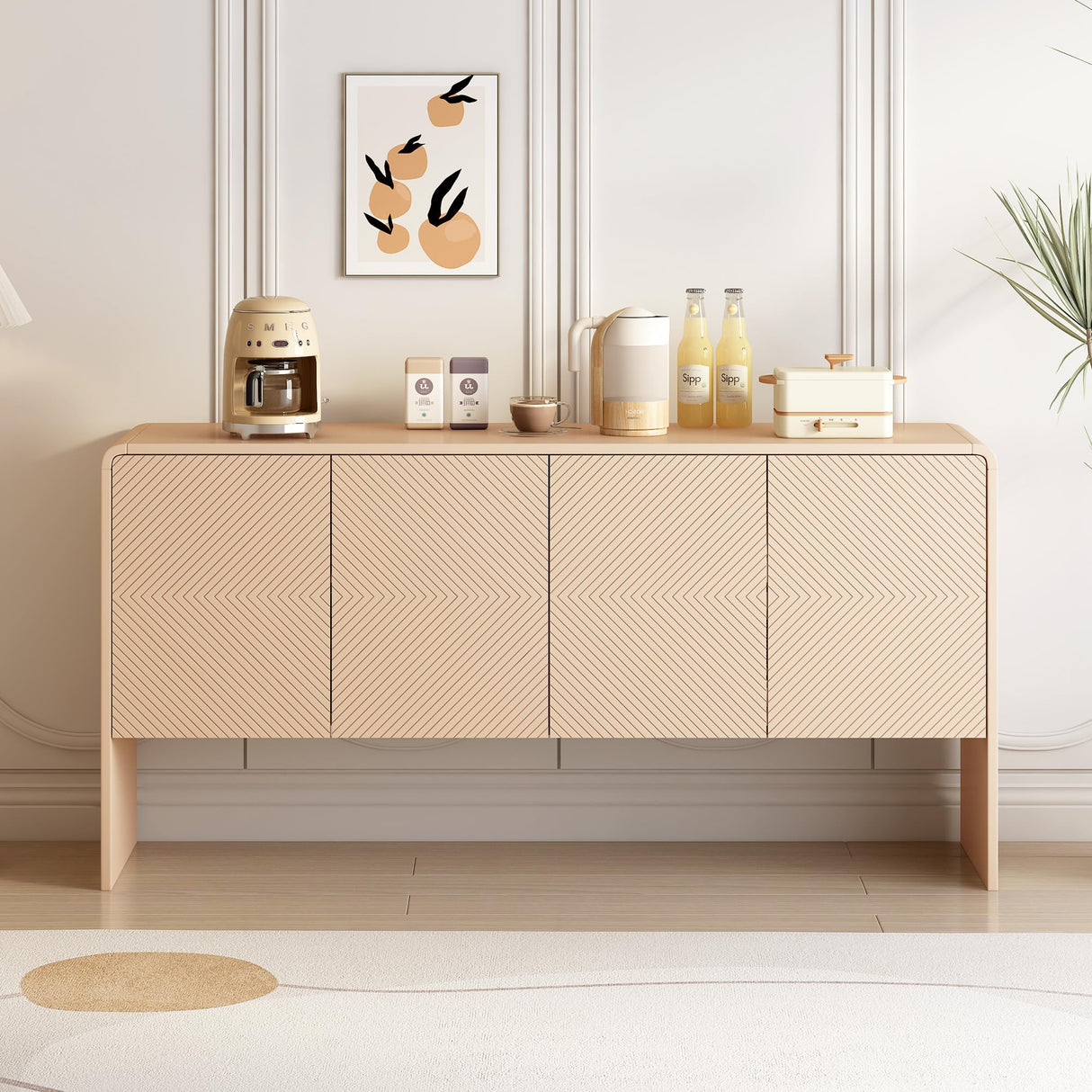 Minimalist Style 60" L Large Storage Space Sideboard with 4 Doors and Rebound Device