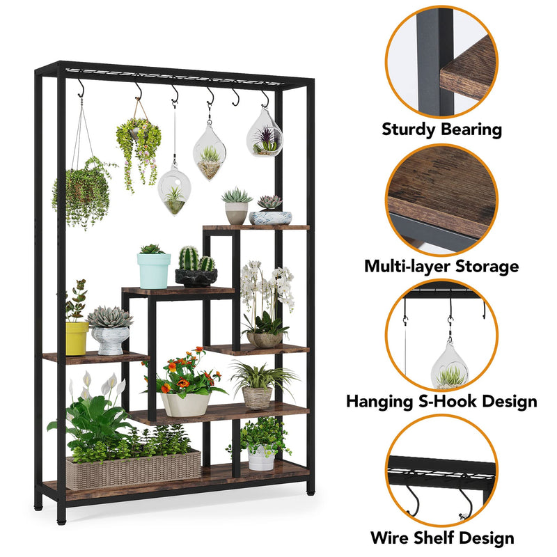 5-Tier Tall Indoor Plant Stand, 70.9 inches Large Metal Plant Shelf with 6PC S Hanging Hook