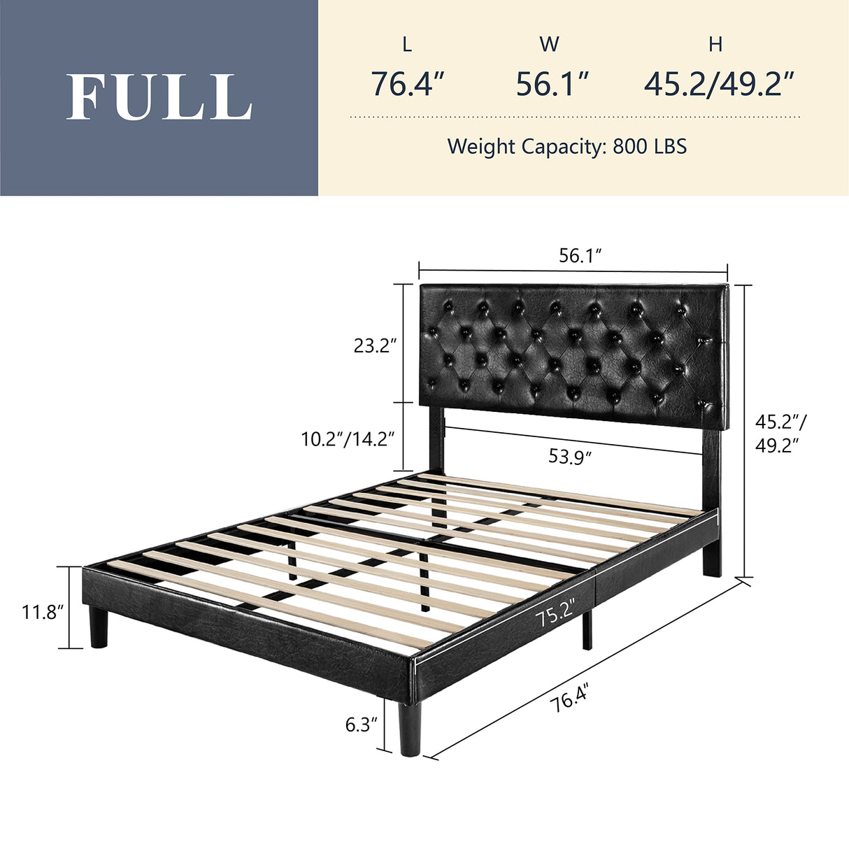 Full Bed Frame with Adjustable Diamond Stitched Button Tufted Headboard