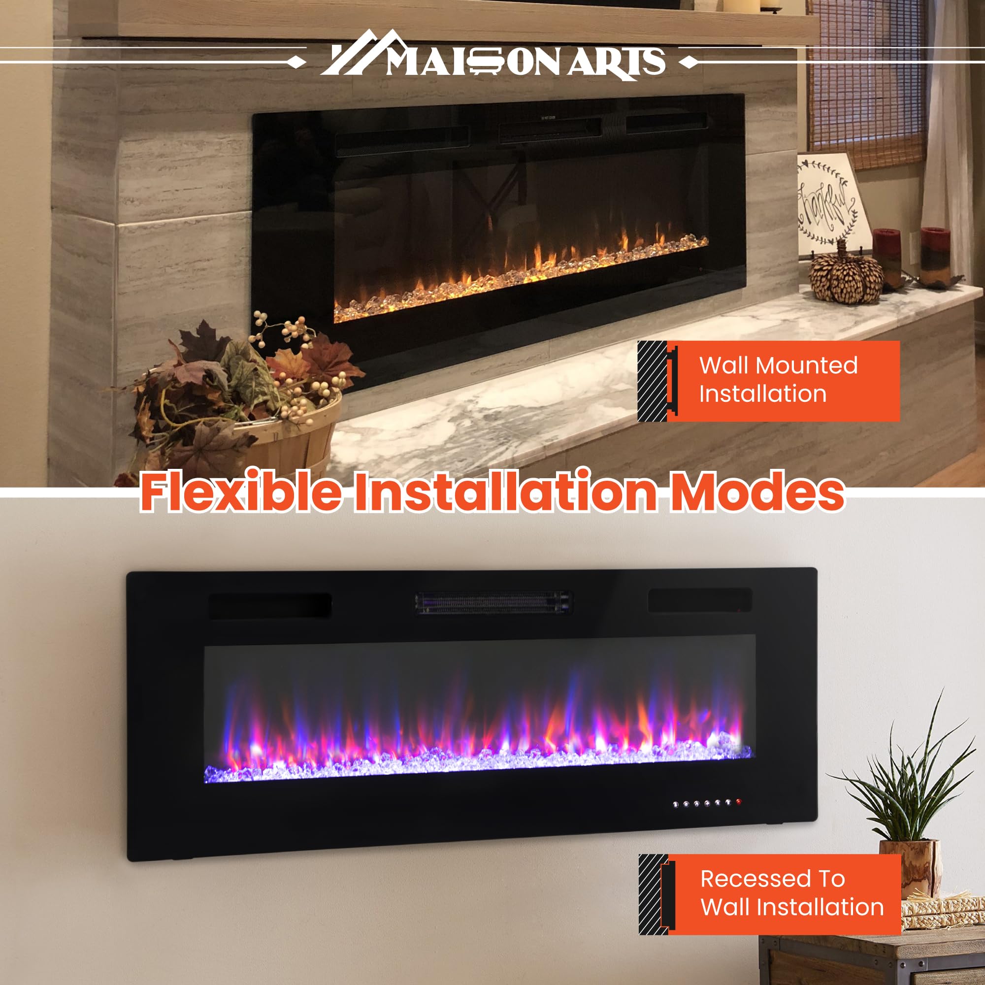 Wall Mounted & Recessed Fireplace Heater with Remote