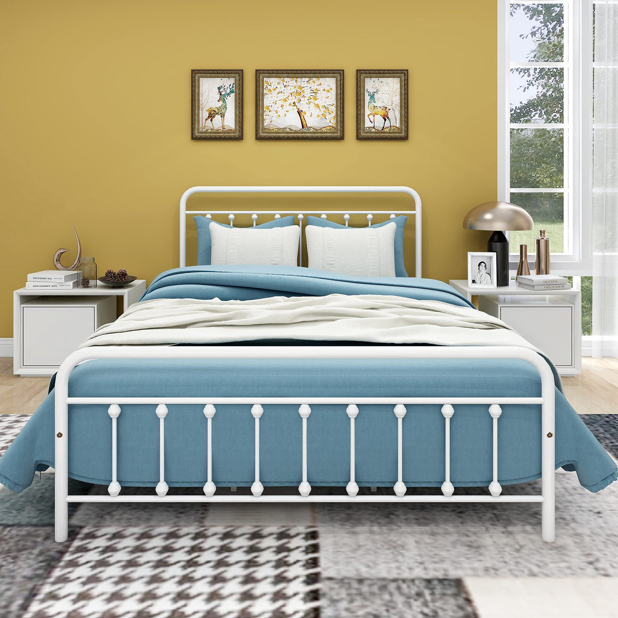 Queen Bed Frame with Headboard and Footboard Metal Bed Frame Vintage Sturdy Mattress Foundation