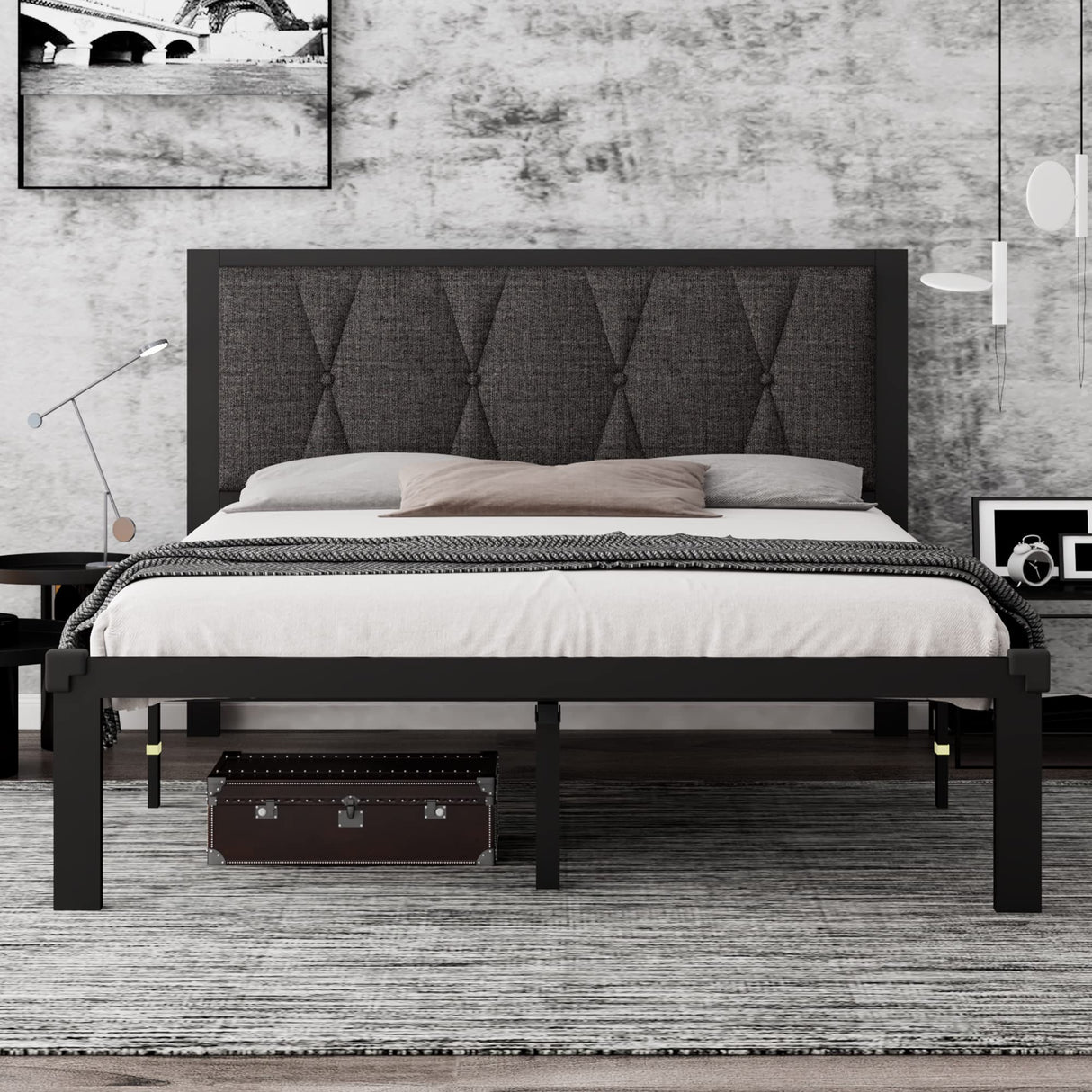 TitanSteel Luxe Metal Bed – Platform Frame with Upholstered Headboard