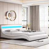 Modern Upholstered Platform Bed Frame with LED Lights and Curved Headboard, Faux Leather