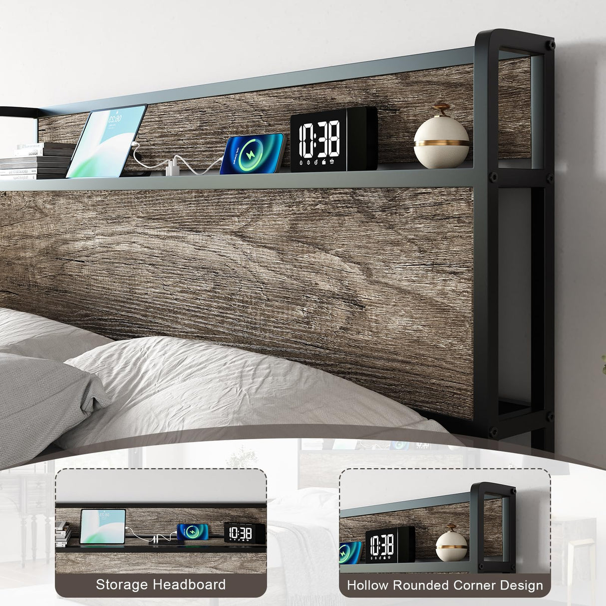 Wooden Platform Bed Frame with Lifting Storage & Charging Station