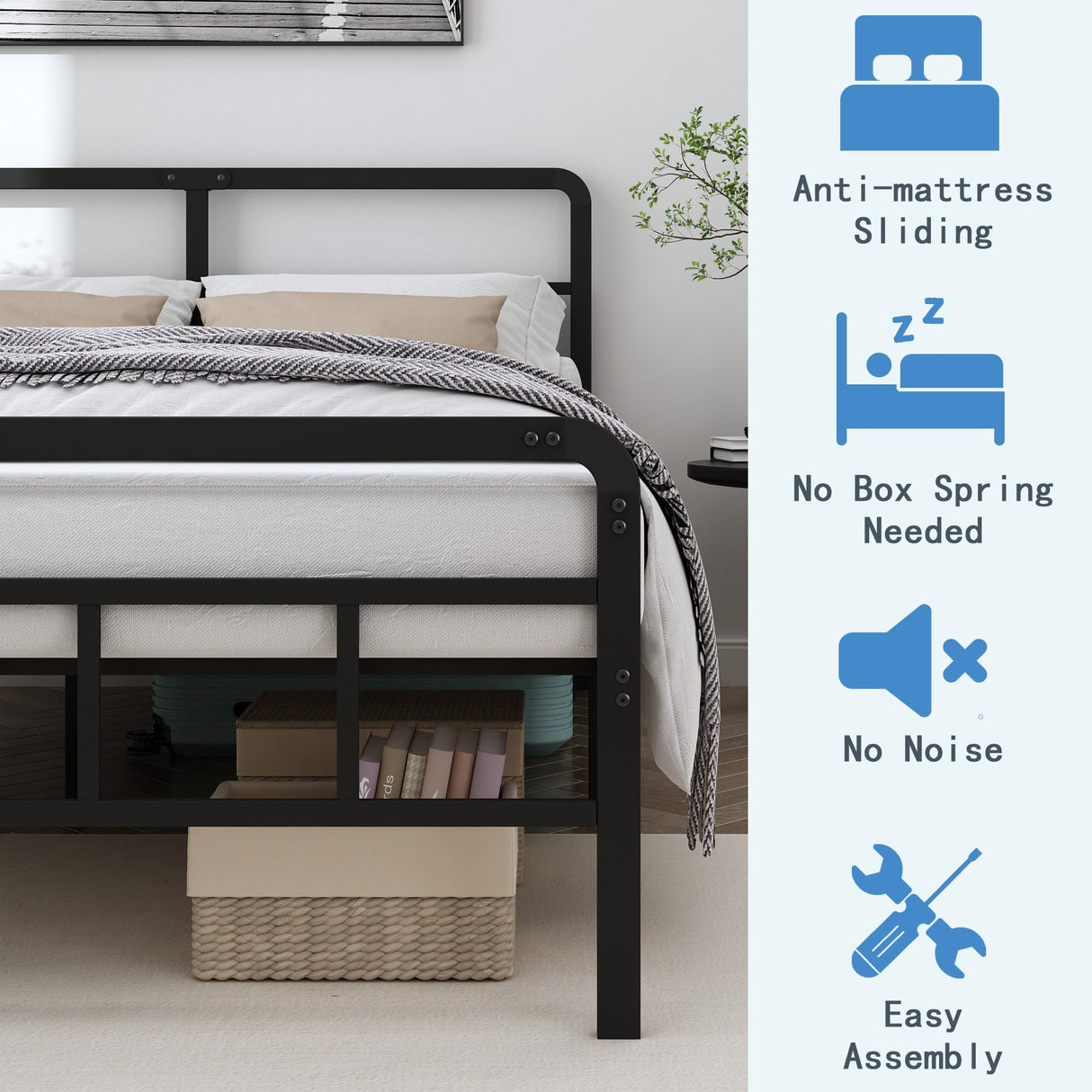 Queen Size Metal Bed Frame with Headboard and Footboard, 14 Inch Black Heavy Duty Mattress