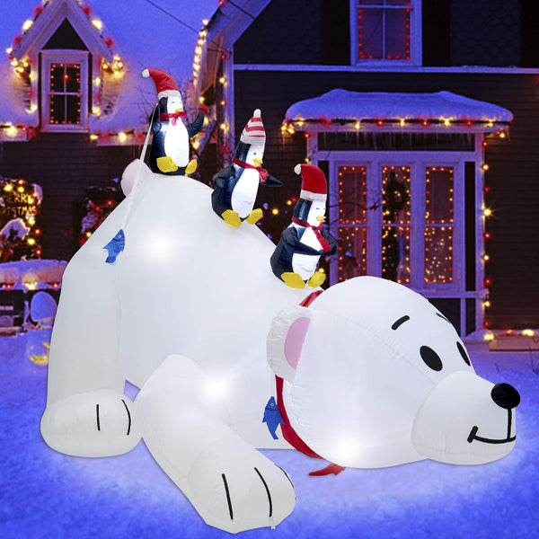 l Christmas 7.7(L) x 6 FT(H) Inflatables Lighted Polar Bear with Three Penguins