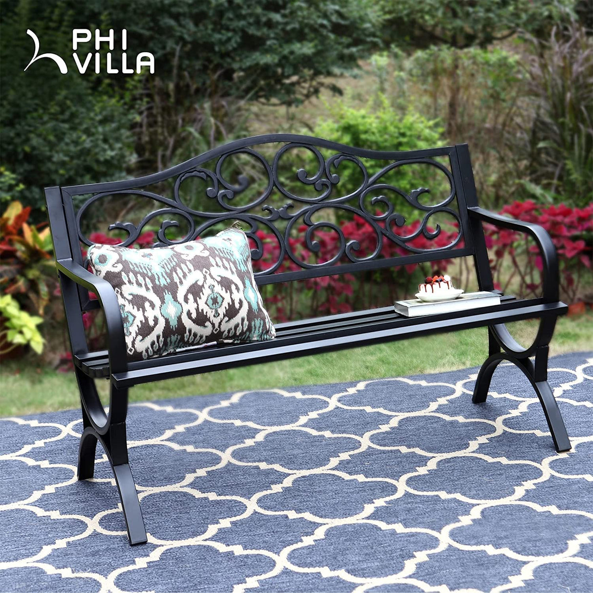 50-Inch Cast Iron Steel Frame Garden Bench Outdoor Chair w/Floral