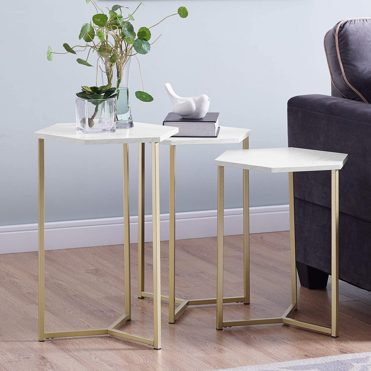 Hexagon Nesting Side End Table Set Living Room Storage Small