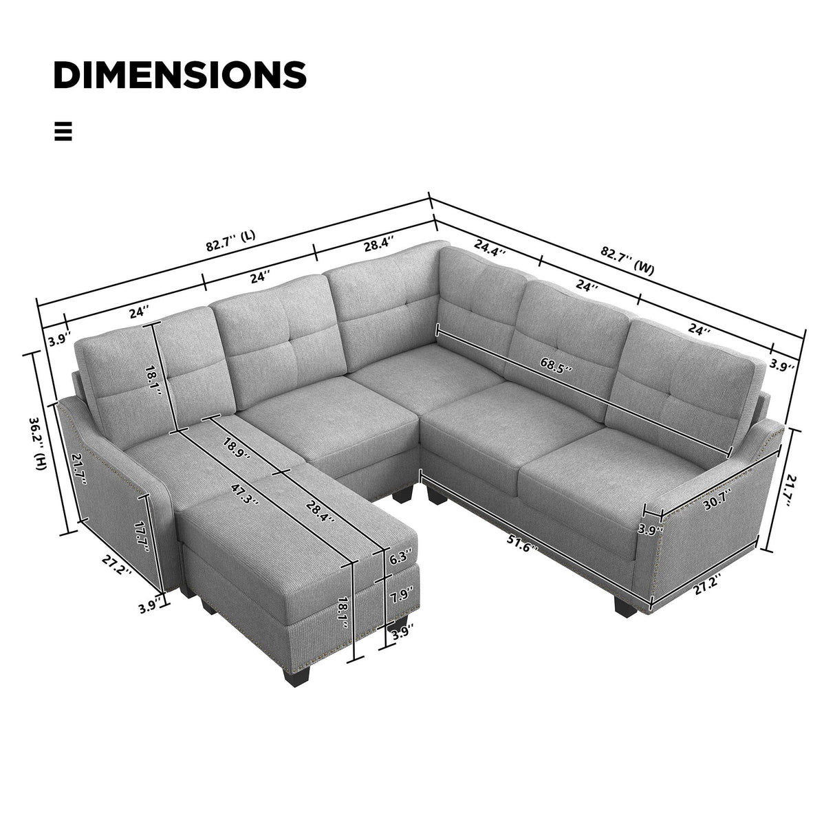 Convertible Sectional Sofa, L Shaped Couch with Storage Ottoman