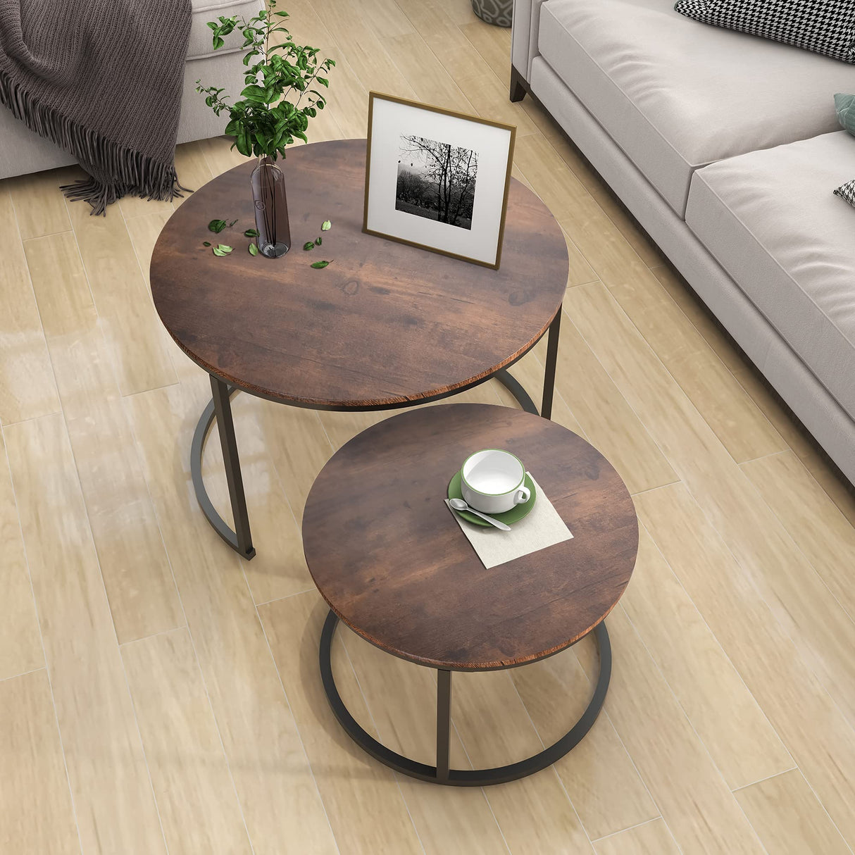 Industrial Round Coffee Table Set of 2 End Table for Living Room, Stacking Side Tables