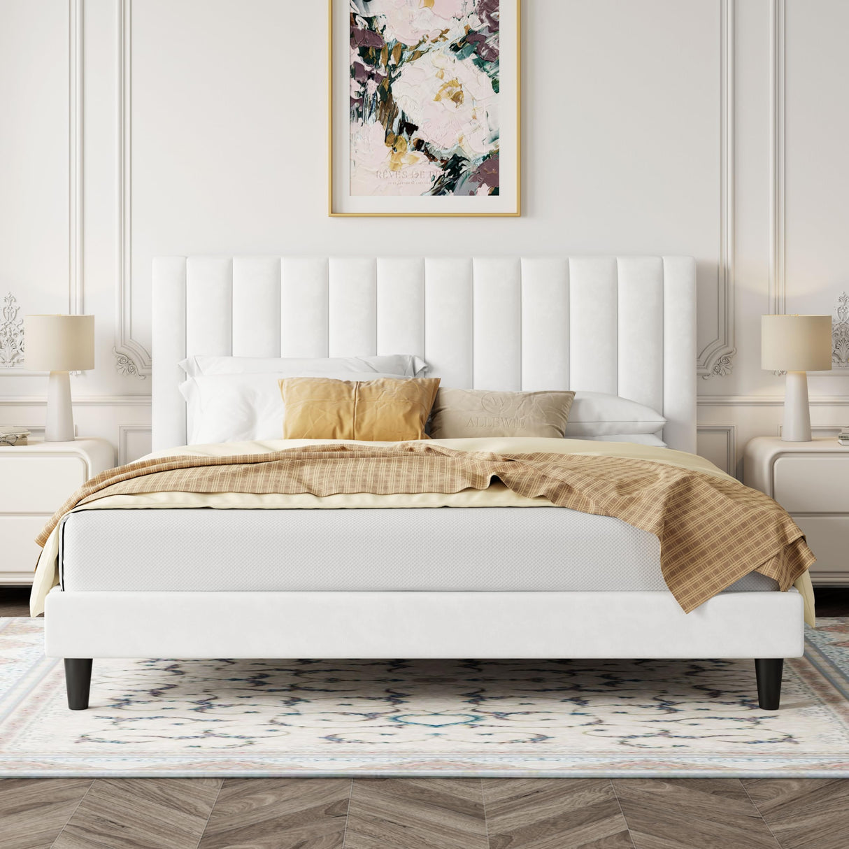 King Bed Frame/Velvet Upholstered Bed Frame with Vertical Channel Tufted Headboard