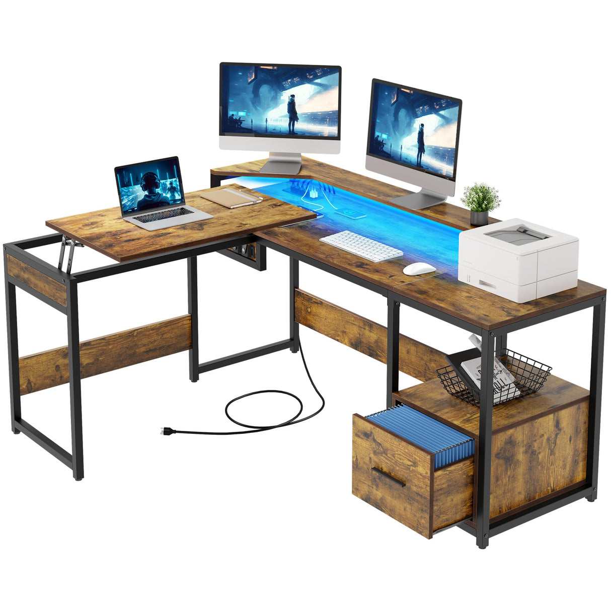 L Shaped Desk with Power Outlets & LED Lights